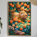 a vibrant and colorful painting of a beaver surrounded by an abundance of oranges, placed on a wall above a dining table. The table is set with various items, including a bottle, a bowl, and a vase, creating a cozy and inviting atmosphere.
