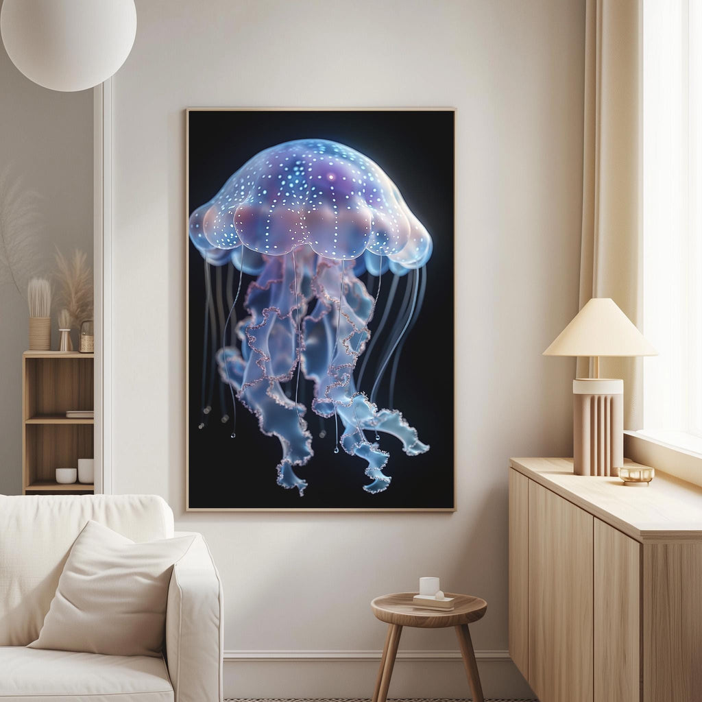 a large, colorful jellyfish painting hanging on a wall in a living room.