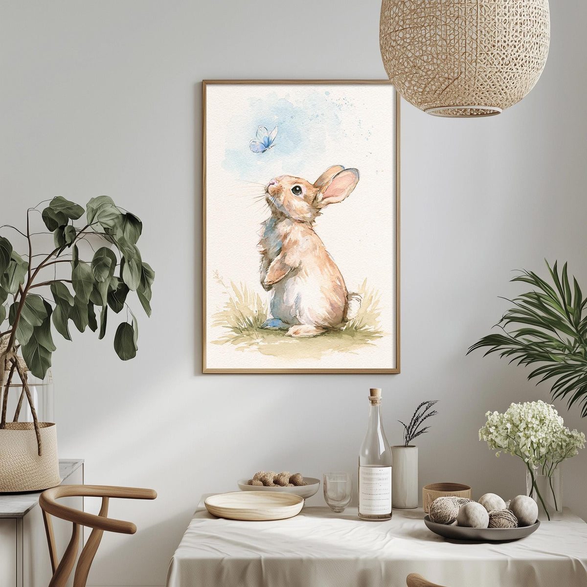 a painting of a rabbit sitting in a grassy field, with a blue butterfly nearby. The painting is hung on a wall above a table with various items on it, including a bottle, a bowl, and a vase.