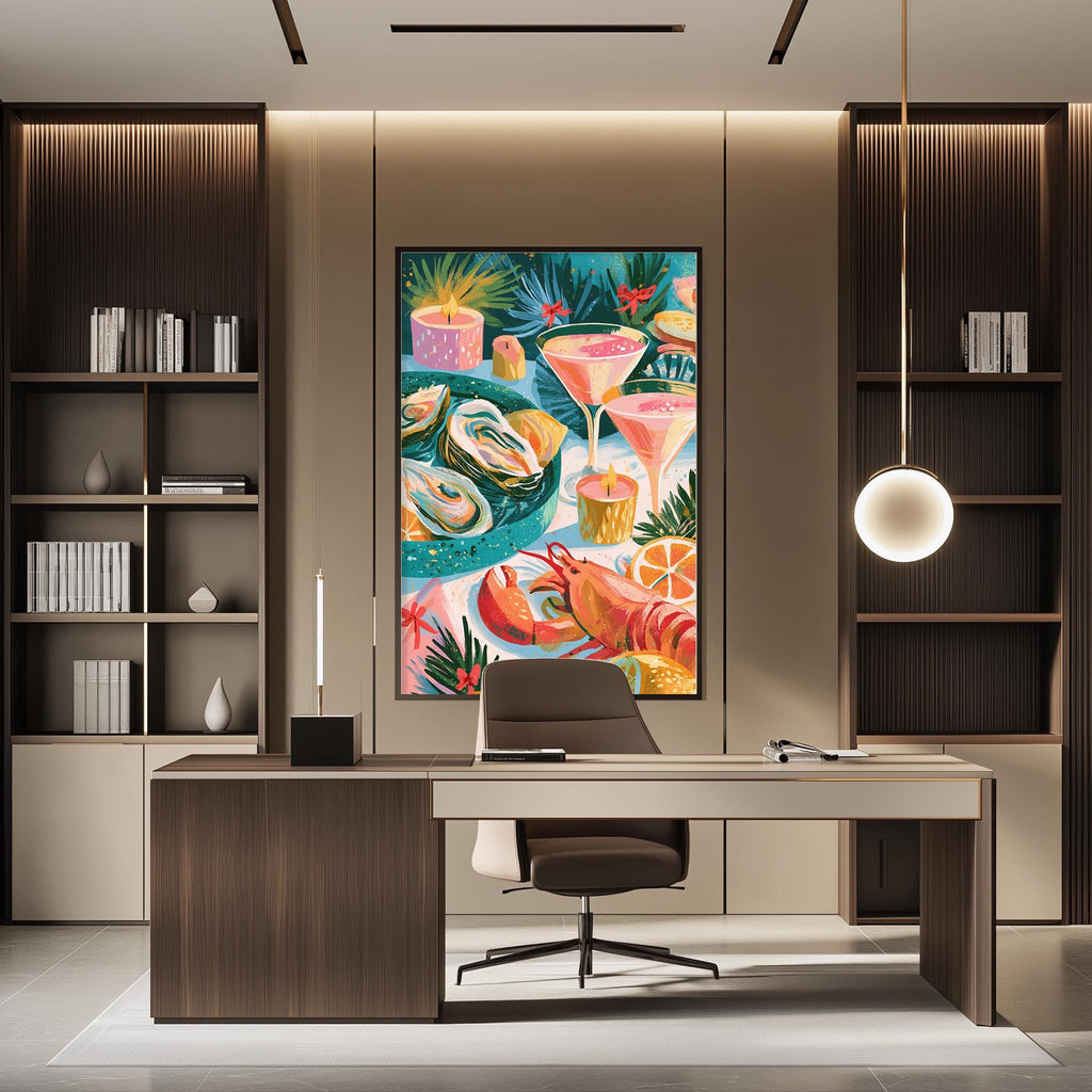 a modern office space with a large, colorful painting of a tropical scene hanging on the wall behind a desk. The desk has a computer and a chair, and there are shelves and cabinets in the background.
