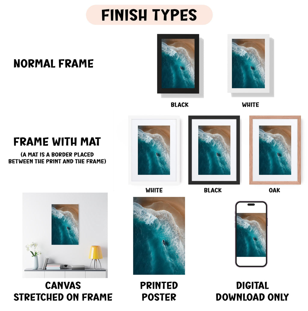 various types of artwork, including a canvas stretched on a frame, a framed photograph, and a digital poster. The artwork is presented in different frame colors and styles, such as a normal frame, a black frame, a white frame, and an oak frame. The artwork is also described as a canvas stretched on a frame, a printed poster, and a digital download only. The image is a collage of multiple images, and the text provides information about the artwork, such as the finish types and the materials used.