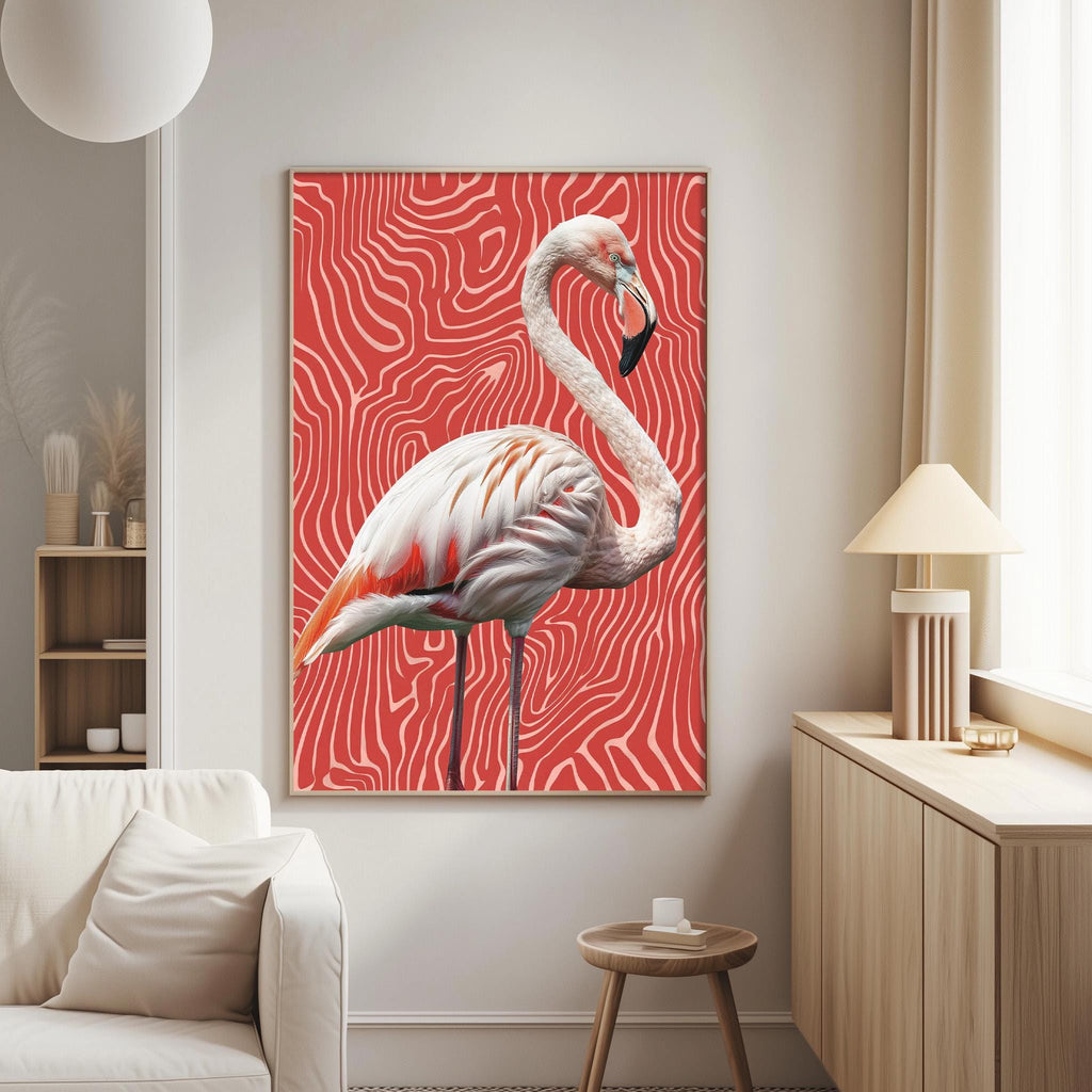 a large, vibrant painting of a flamingo against a red and white striped background. The painting is hanging on a wall in a living room setting, with a white couch and a wooden side table visible in the background.