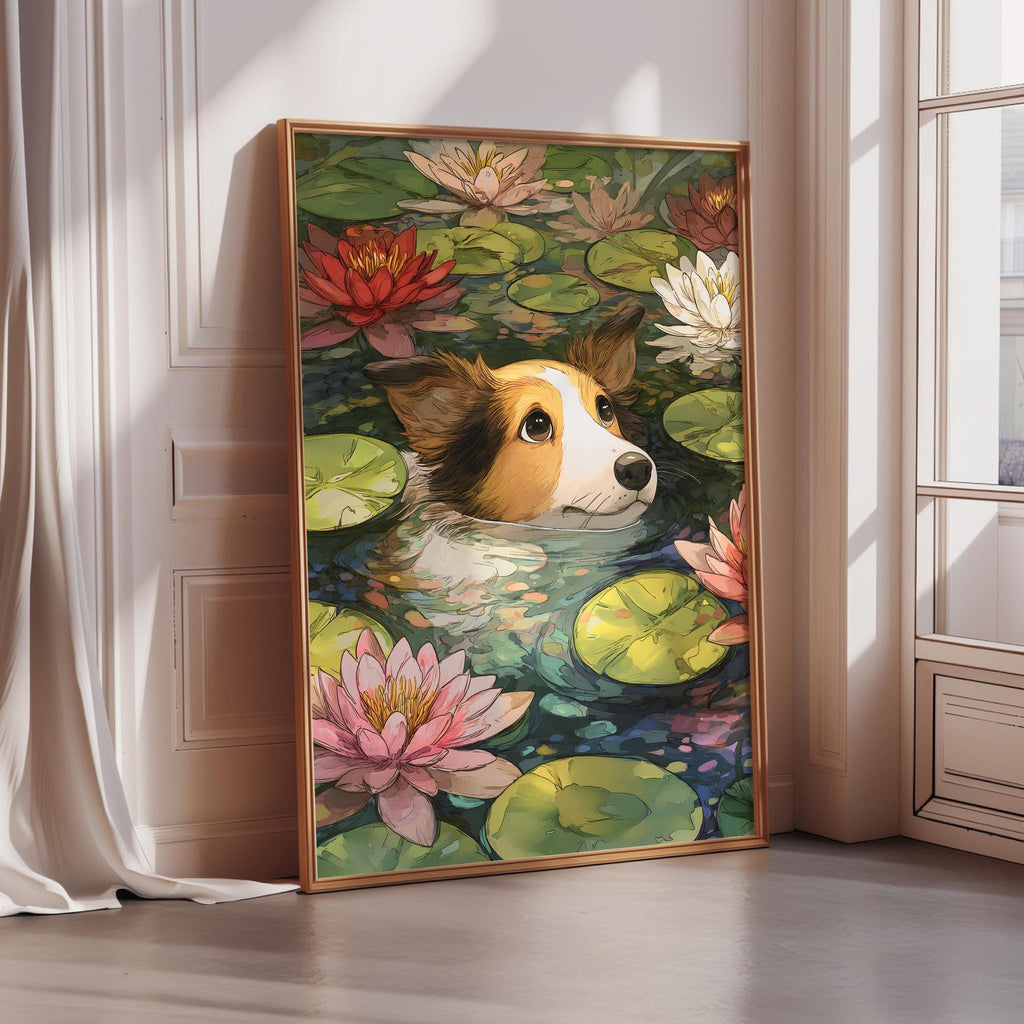A framed painting depicting a dog's head surrounded by a vibrant array of colorful lily pads and flowers.