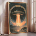 a large, framed artwork depicting an alien spacecraft hovering over a mountainous landscape, with a bright orange light emanating from the spacecraft.
