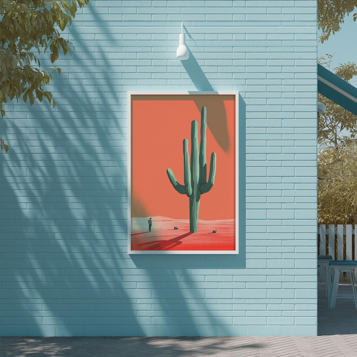 a large, vibrant painting of a cactus on a blue wall, with a white light fixture above it.