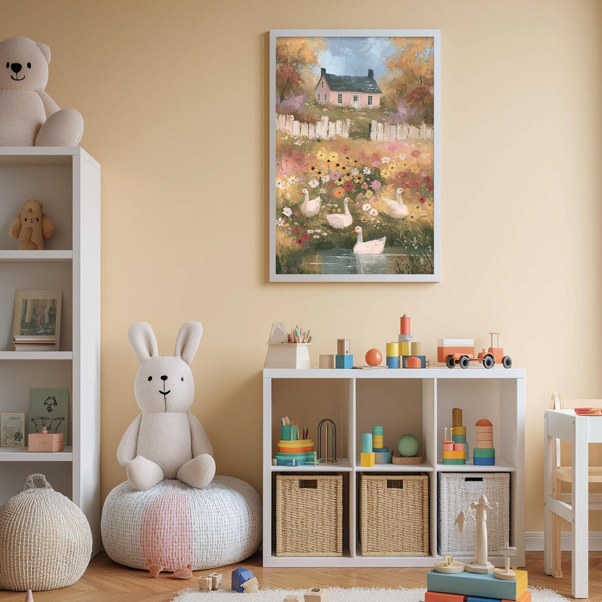 A cozy children's room with a white bookshelf, a plush bunny, and a colorful toy box filled with toys. Above the bookshelf, there is a framed painting depicting a serene garden scene with a house and ducks.