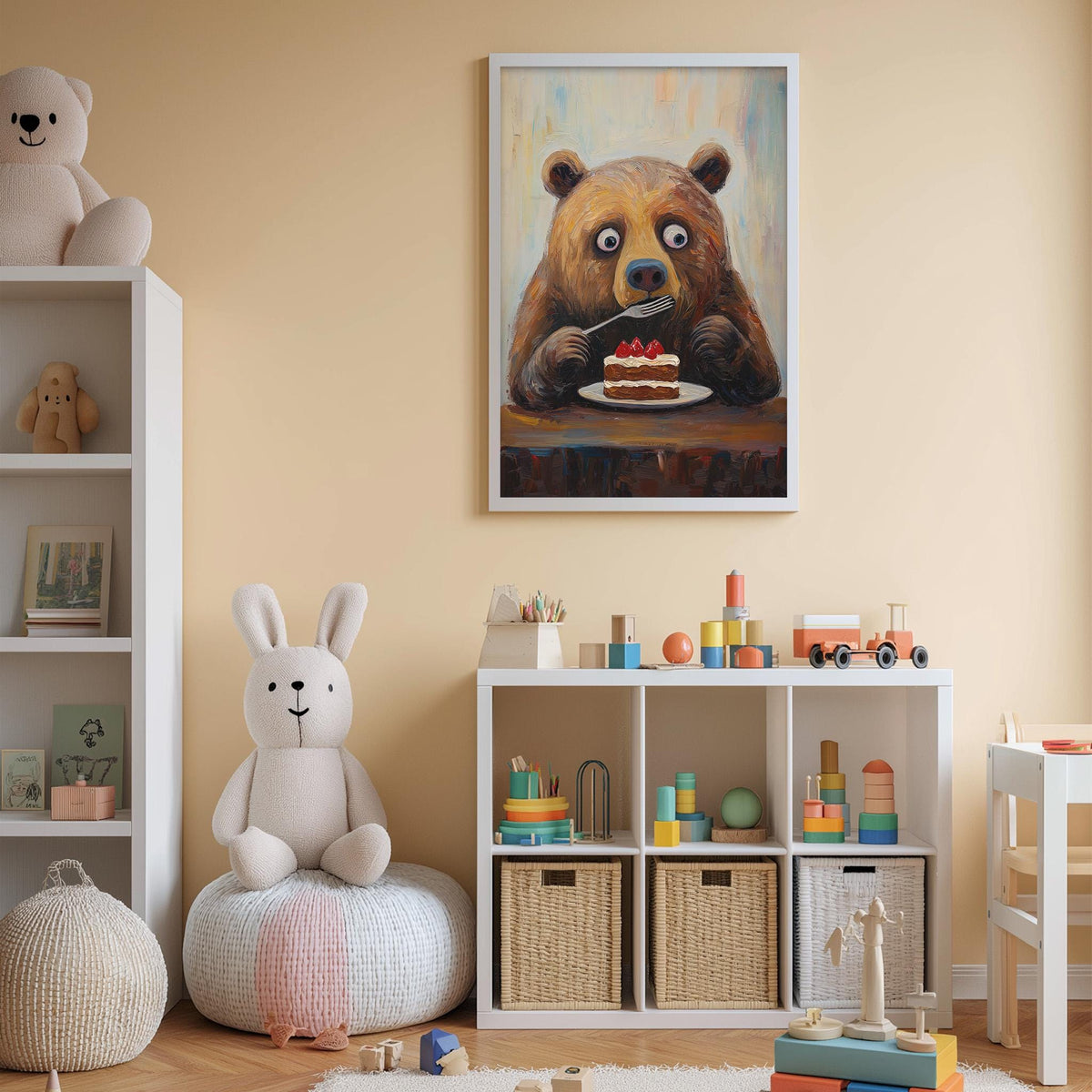 a cozy and colorful children's bedroom with a large stuffed animal rabbit, a framed painting of a bear eating cake, and a bookshelf filled with toys and books.