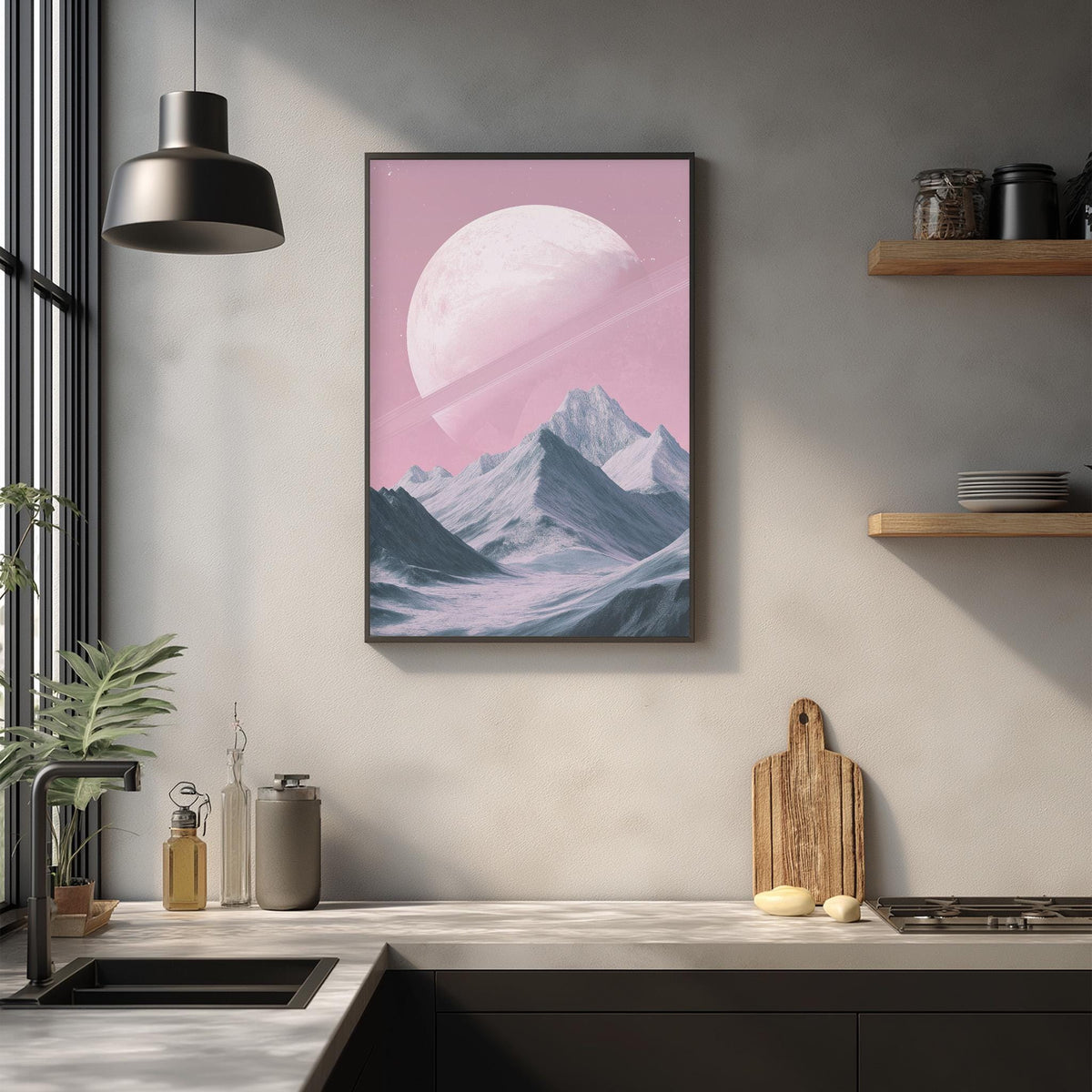 a kitchen counter with a framed picture of a mountain landscape hanging above it. The kitchen has a modern design with a wooden shelf and a potted plant on the counter.