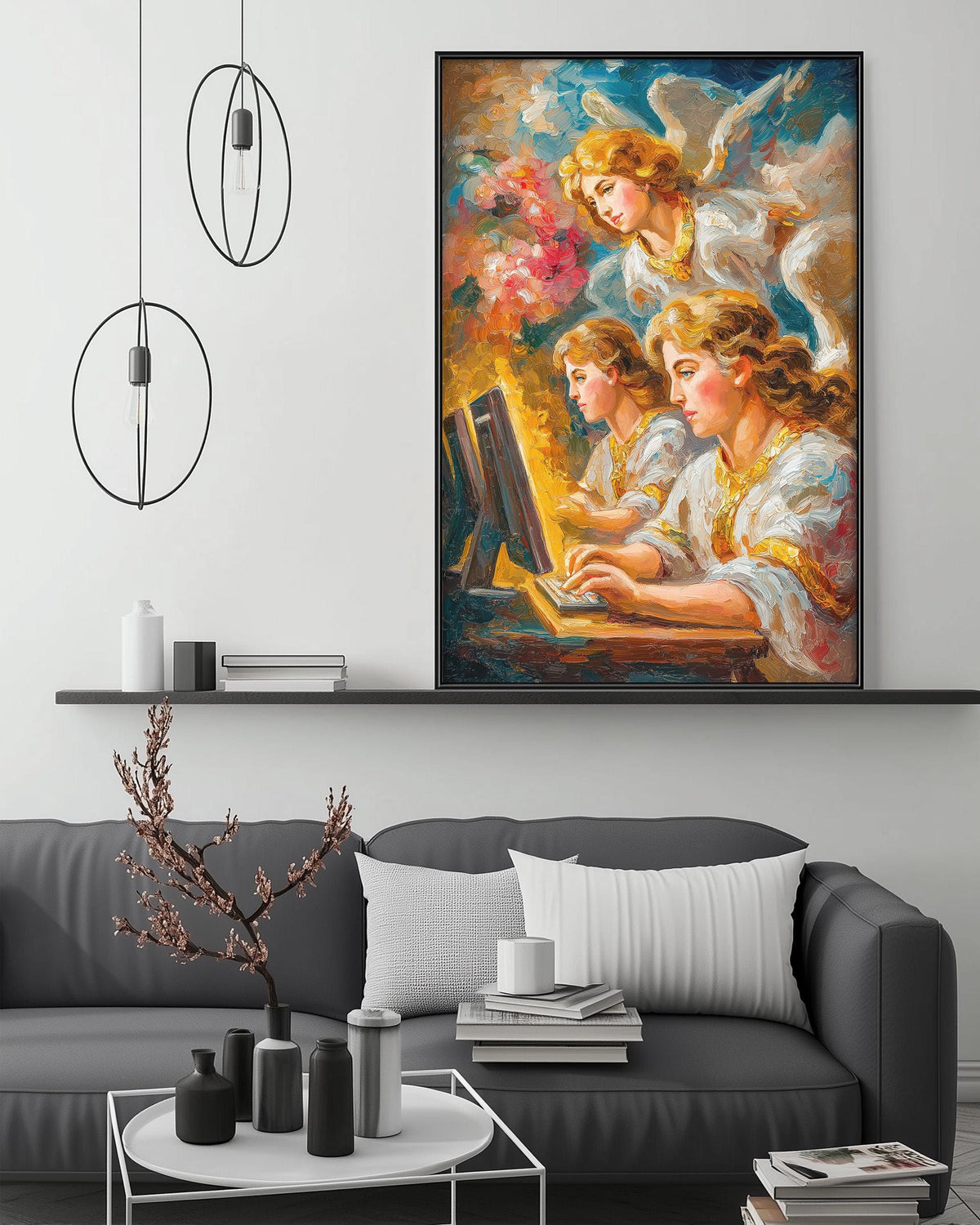 a large painting of angels on a wall above a gray couch in a living room setting.