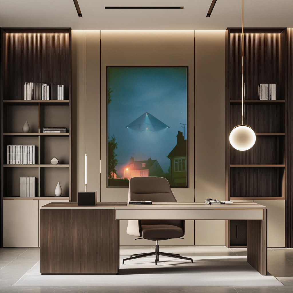 a modern and minimalist office space with a large window, a desk, a chair, and a framed artwork on the wall.
