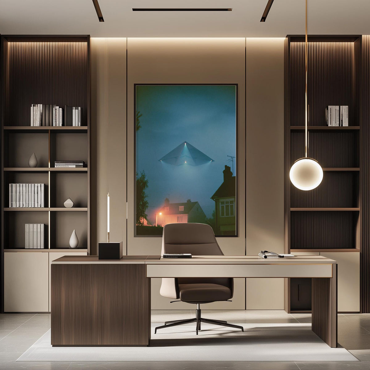 a modern and minimalist office space with a large window, a desk, a chair, and a framed artwork on the wall.