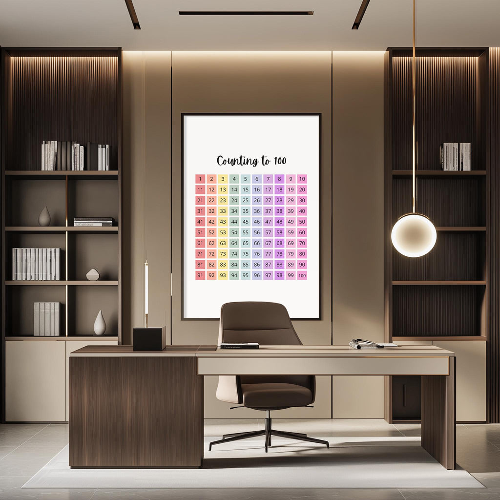 a modern office space with a large poster of a counting chart on the wall. The poster displays numbers 1 through 100 in a colorful, vibrant design. The office has a wooden desk and chair, as well as bookshelves and a lamp, creating a professional and organized atmosphere.