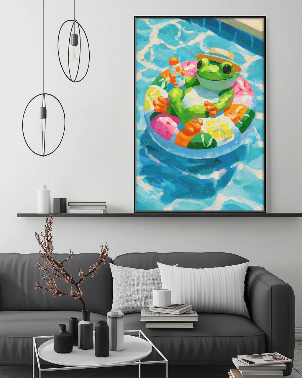 a cozy living room with a gray sofa, a coffee table, and a large painting of a frog swimming in a pool. The painting is hanging on the wall above the sofa, creating a vibrant and playful atmosphere.