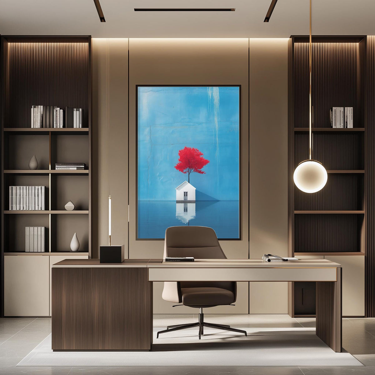 a modern and minimalist office space with a large window, a wooden desk, a comfortable chair, and a framed artwork of a red tree on the wall.