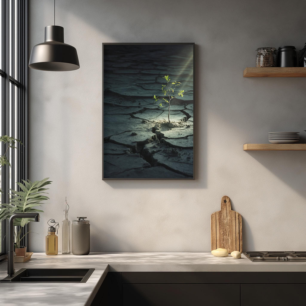 a kitchen counter with a wooden cutting board, a plant, and various kitchen items such as a bottle and a vase. Above the counter, there is a framed picture of a plant with a cracked surface, and a hanging light fixture is visible in the background.