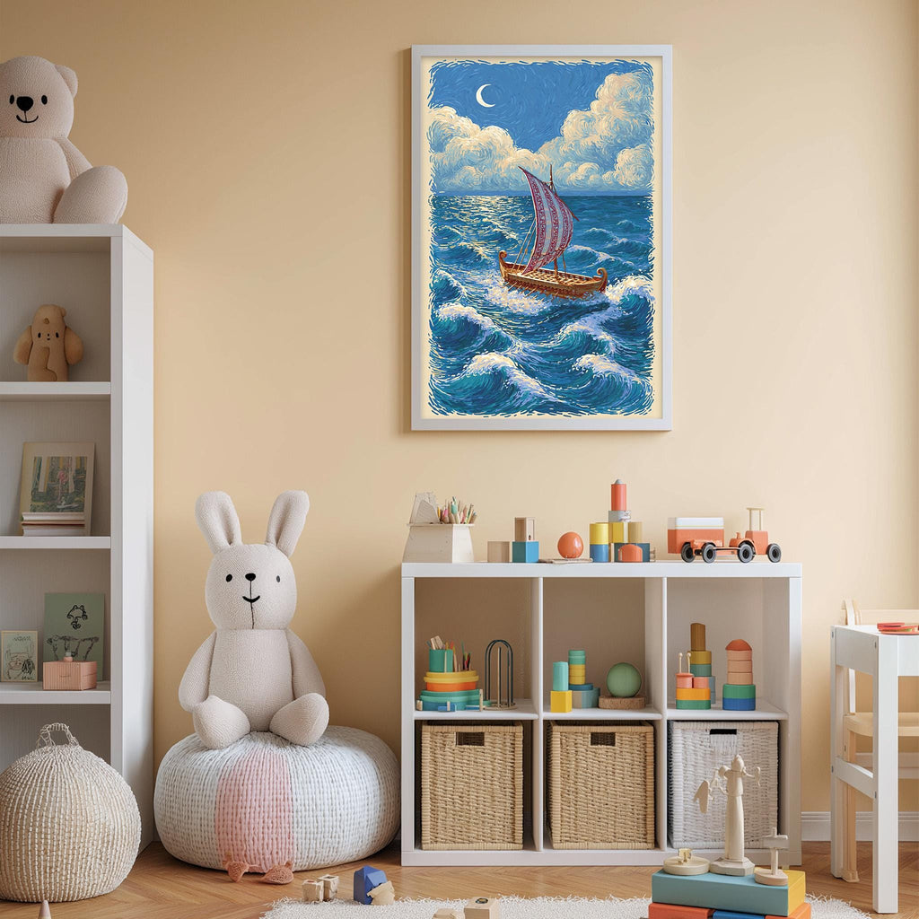 A cozy children's room with a large painting of a sailboat on the wall, a white bookshelf filled with toys, and a plush rabbit sitting on a bean bag chair.