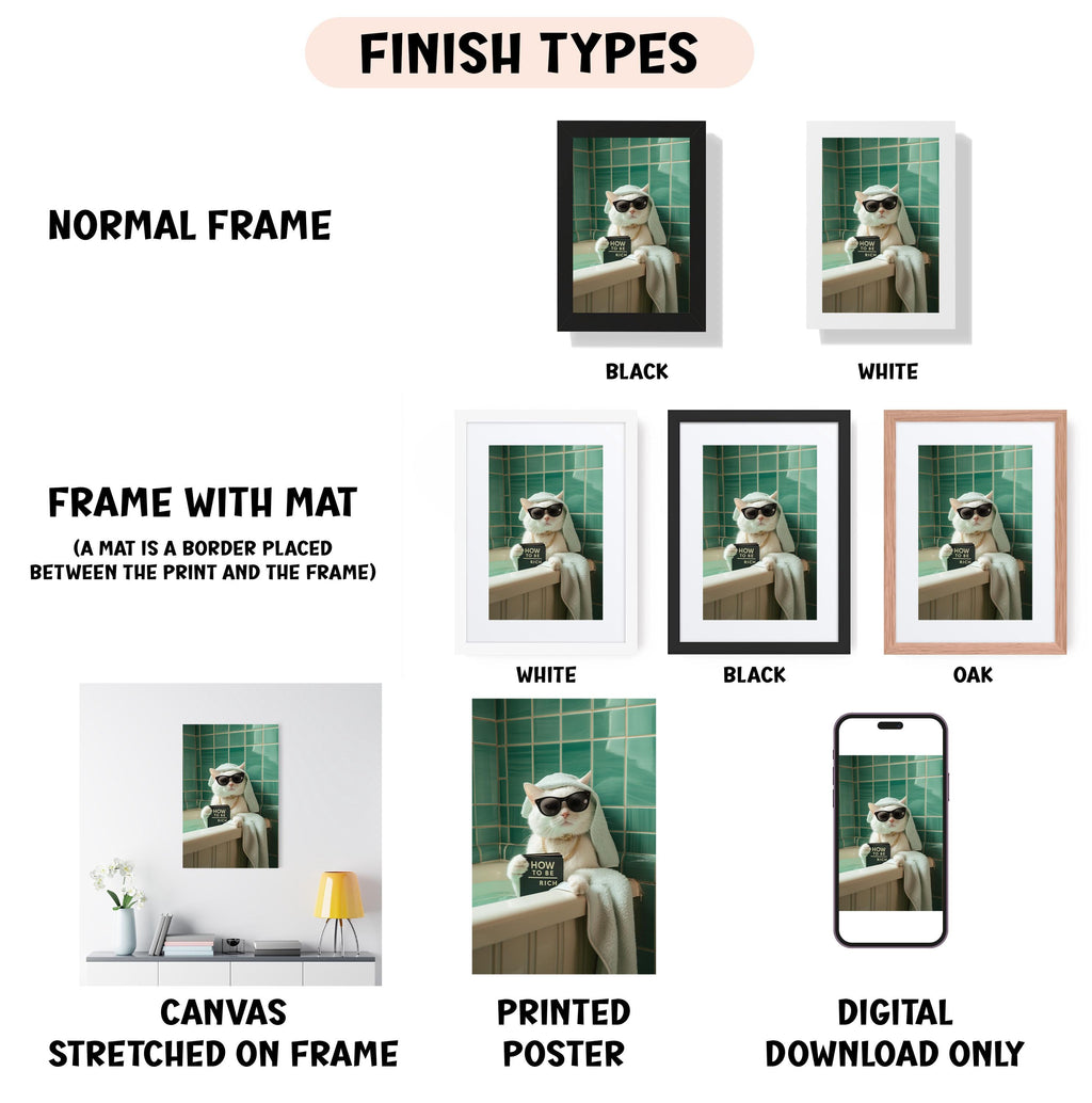 various framed artworks, including a cat wearing sunglasses, a black and white framed picture, a white framed picture, a black framed picture, and a white framed picture. The artworks are displayed in different frame types, such as a normal frame, a frame with a mat, a white frame, a black frame, and an oak frame. The artworks are also described as a canvas stretched on a frame, a printed poster, and a digital download only.