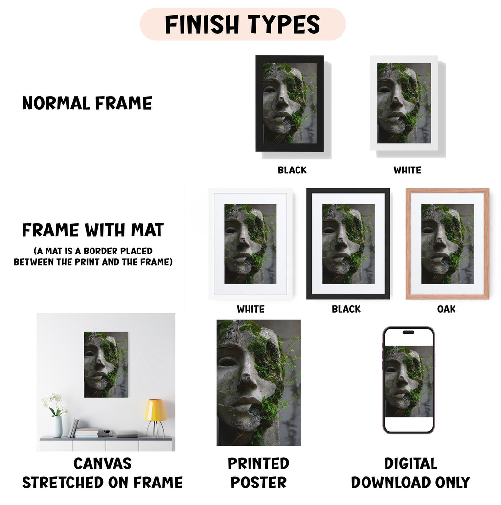 various types of artwork, including a framed print of a face with a mat, a canvas stretched on a frame, a framed poster, and a digital poster. The artwork is presented in different frame colors and styles, such as normal frame, black, white, and oak. The image also includes a smartphone displaying a digital poster, and a description of the artwork in a collage format.