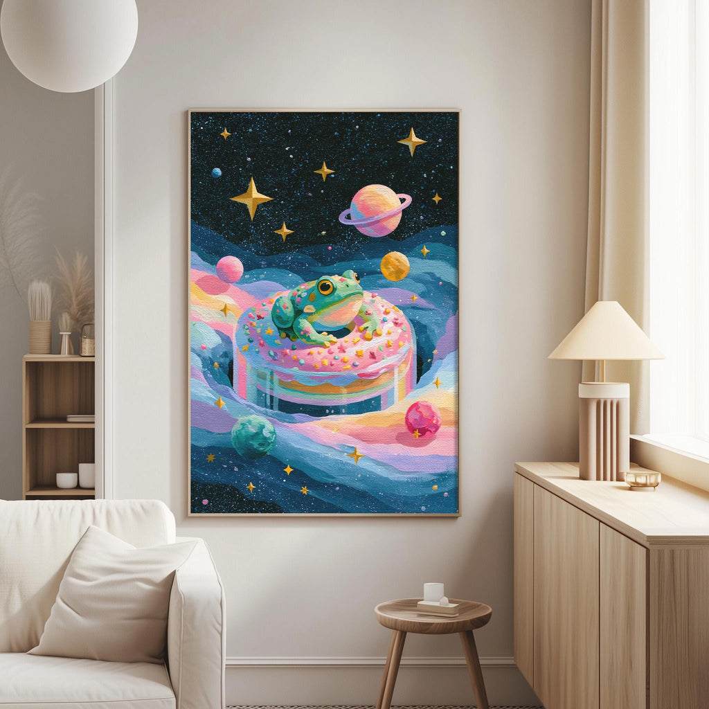 a vibrant and whimsical painting of a frog sitting on a colorful, cosmic-themed cake, surrounded by stars and planets.