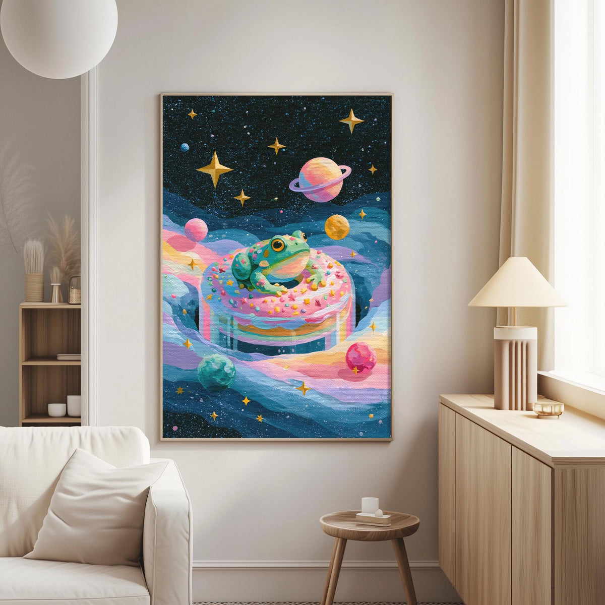 a vibrant and whimsical painting of a frog sitting on a colorful, cosmic-themed cake, surrounded by stars and planets.