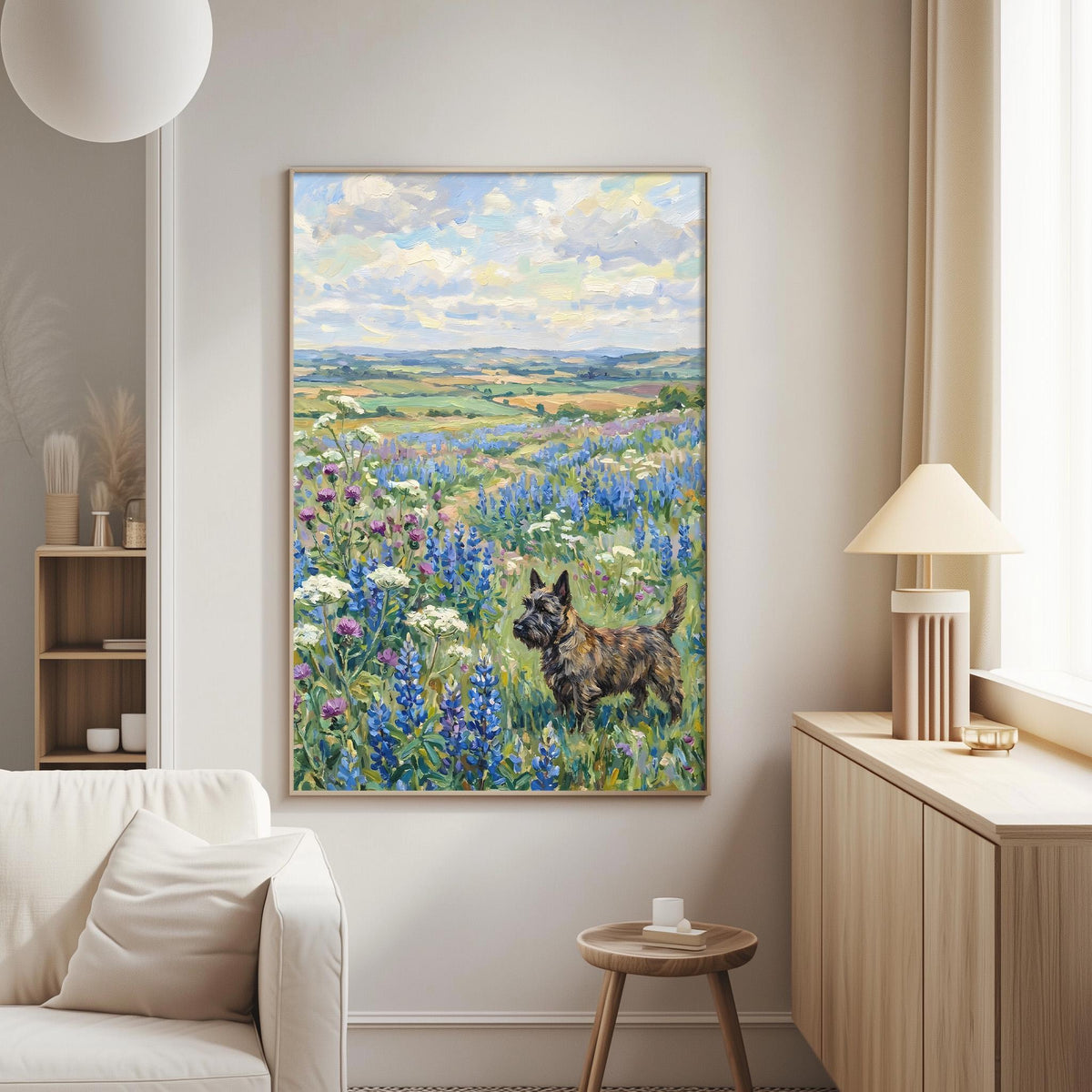 a large painting of a dog standing in a field of flowers, with a blue sky and clouds in the background.