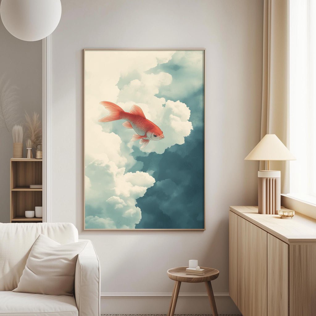 a large framed painting of a red fish swimming in the clouds, hanging on a wall in a living room.