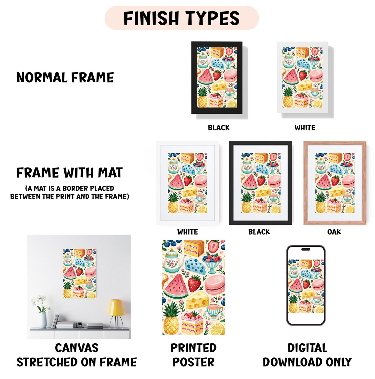 various finish types for a framed artwork, including a normal frame, a frame with a mat, a white frame, a black frame, an oak frame, a white canvas stretched on a shelf, a printed poster, and a digital download only.