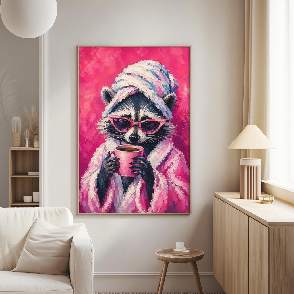a raccoon wearing a pink robe and sunglasses, holding a cup, and standing in a living room setting with a white couch and a lamp.