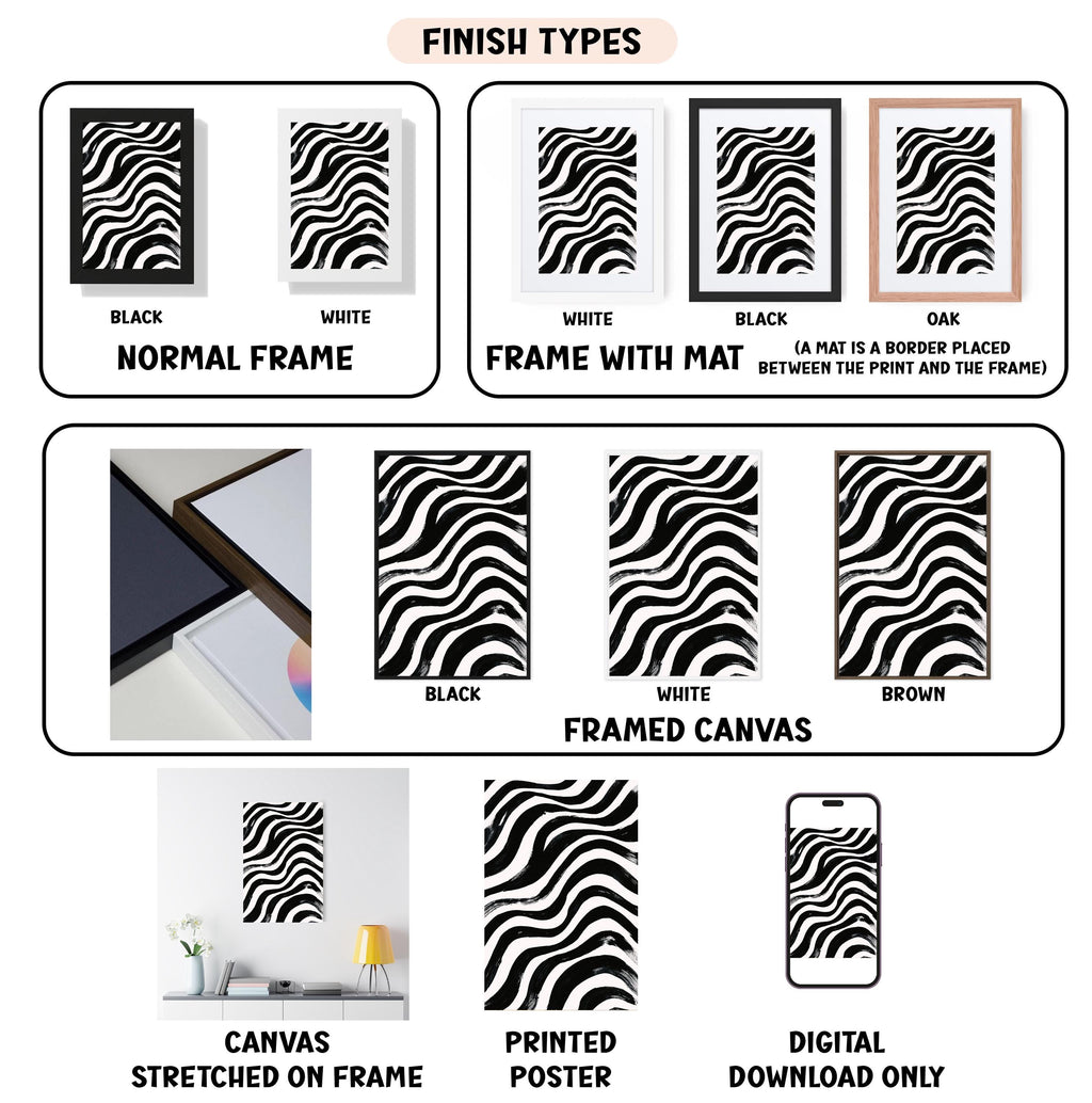 various finish types for a zebra print artwork, including a normal frame, a frame with a mat, a white frame, a black frame, a black frame with a mat, a white framed canvas, a framed canvas, a stretched canvas, a printed poster, and a digital download only.