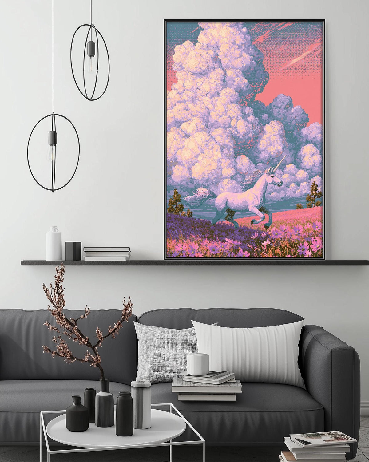 a large, colorful painting of a unicorn in a field with clouds in the background, hanging on a wall above a gray couch with a coffee table in front of it.