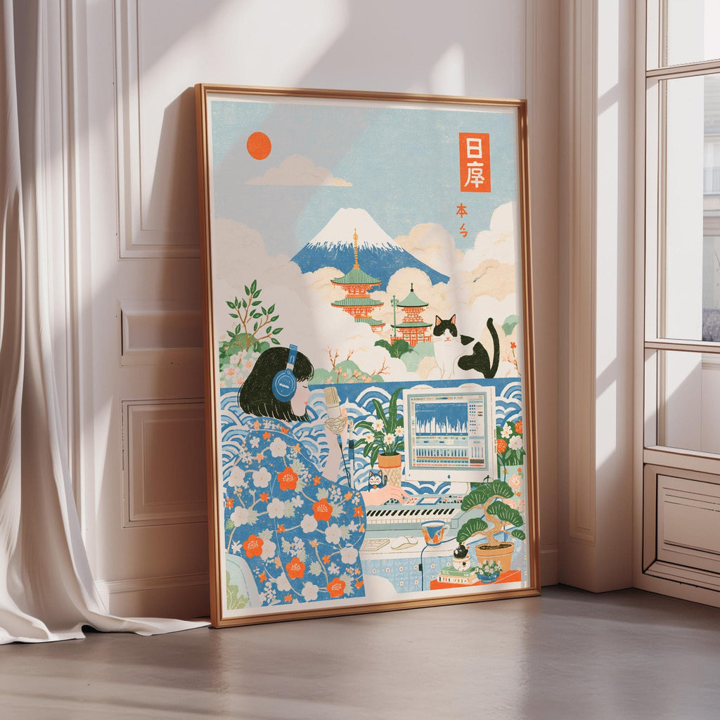 The image is a framed poster depicting a woman in a blue and white floral dress, listening to music with headphones, and surrounded by various elements such as a cat, a piano, and a mountain.