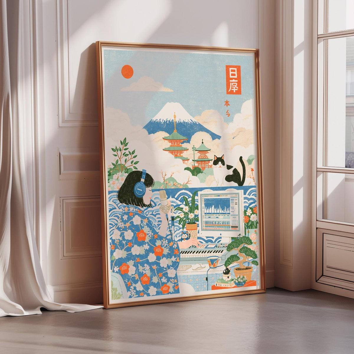 The image is a framed poster depicting a woman in a blue and white floral dress, listening to music with headphones, and surrounded by various elements such as a cat, a piano, and a mountain.