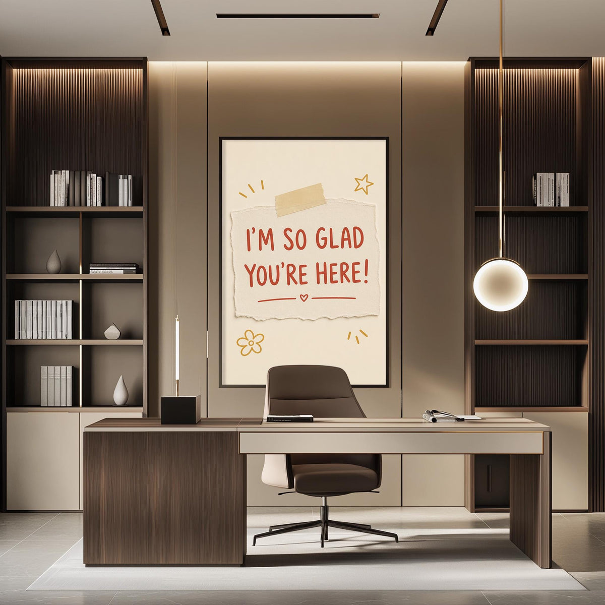 a modern office space with a desk, chair, and bookshelves. A large poster on the wall displays the message "I'm so Glad You're Here!"