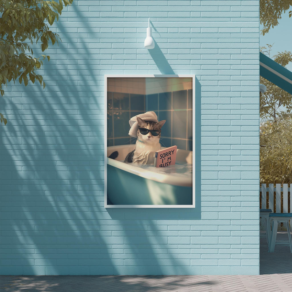 A cat wearing sunglasses is sitting in a bathtub, with a sign that says "Sorry I'm rusty" displayed on the side of the bathtub.