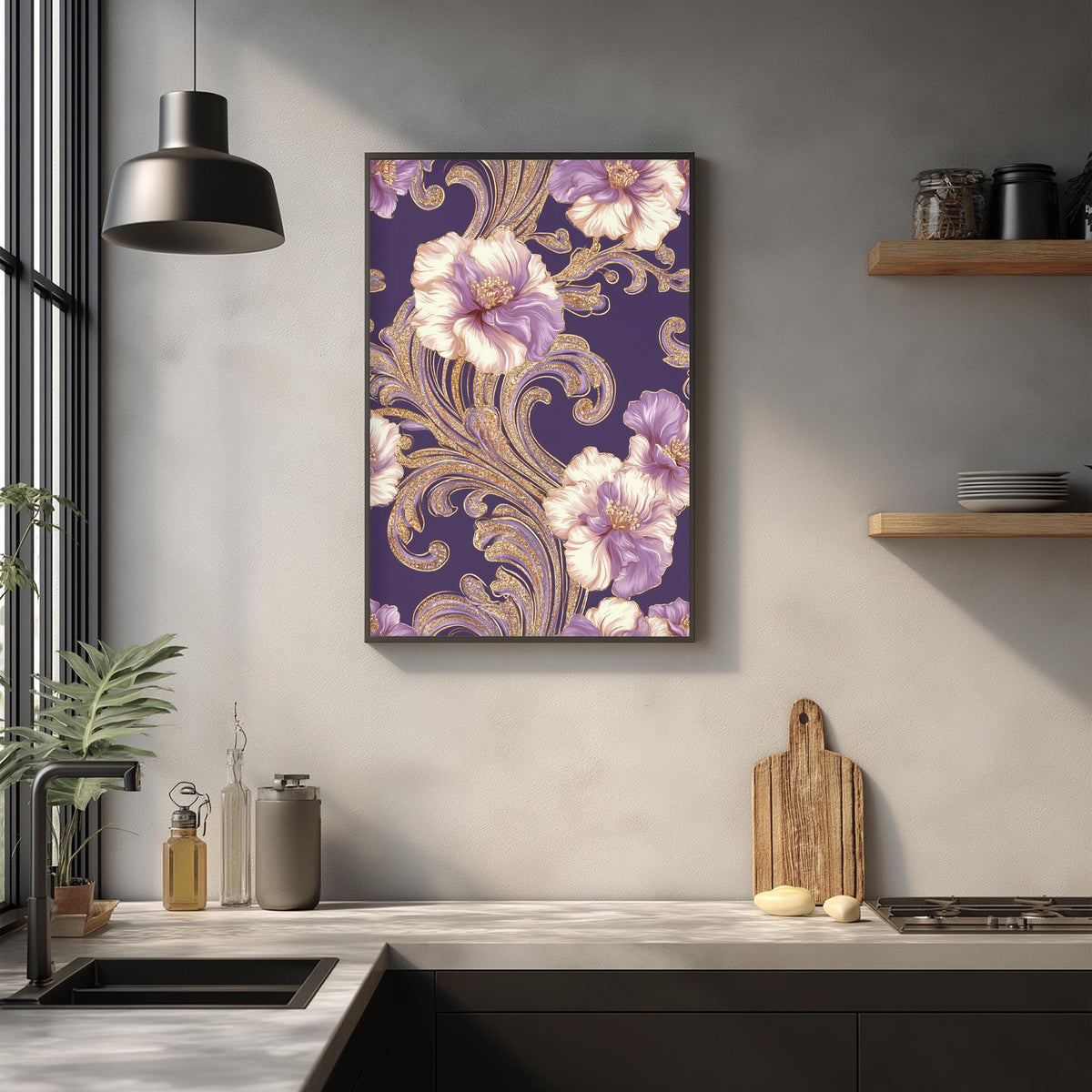 a kitchen counter with a framed floral print hanging on the wall above it. The print has a purple and white color scheme with intricate gold designs. On the counter, there are various kitchen items such as a cutting board, a soap dispenser, and a bottle. The overall scene has a modern and stylish aesthetic.