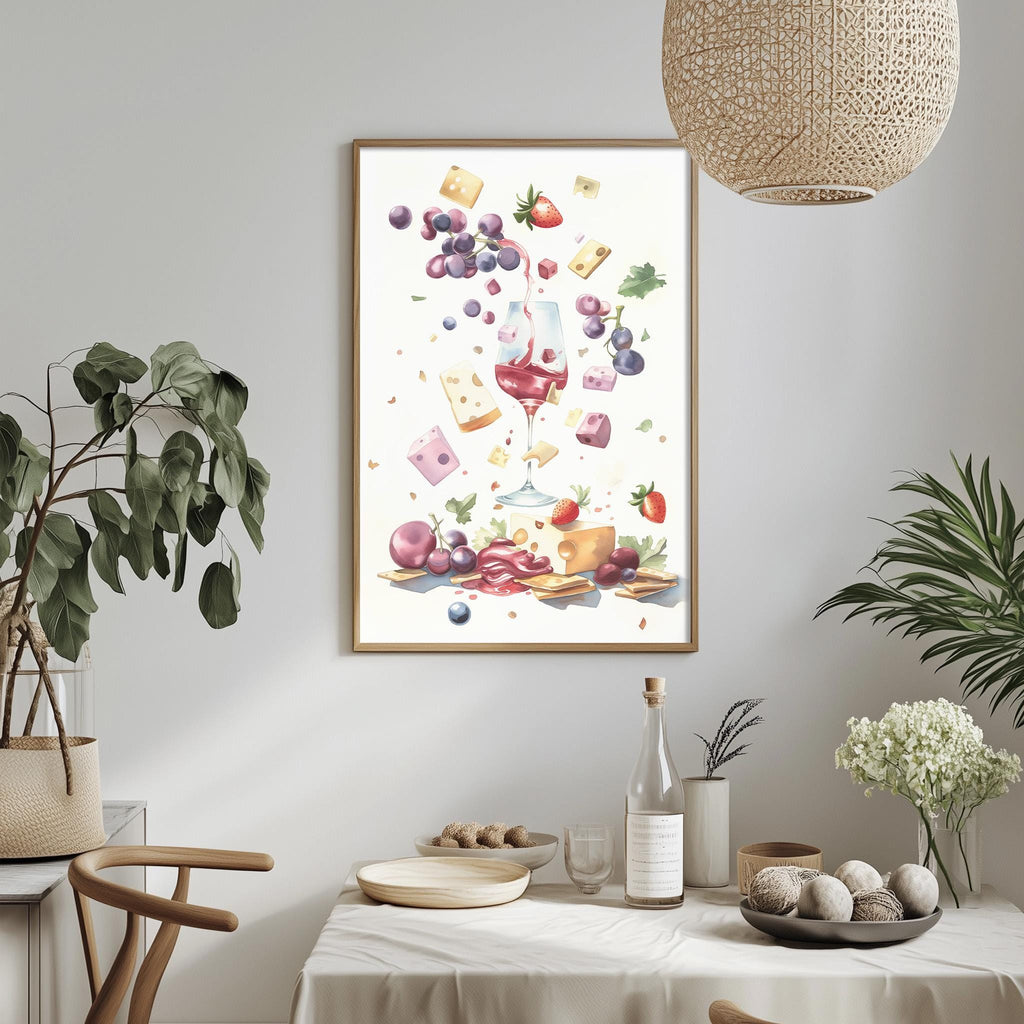 a dining table with a white tablecloth, a vase of flowers, a bottle of wine, and a bowl of fruit. A framed print of a collage of food items is hanging on the wall above the table.