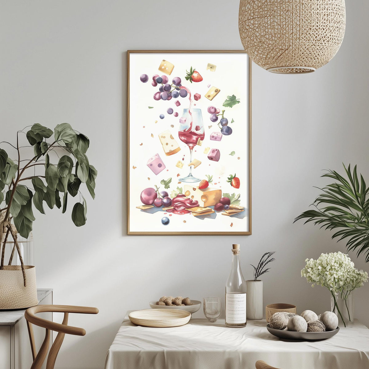 a dining table with a white tablecloth, a vase of flowers, a bottle of wine, and a bowl of fruit. A framed print of a collage of food items is hanging on the wall above the table.
