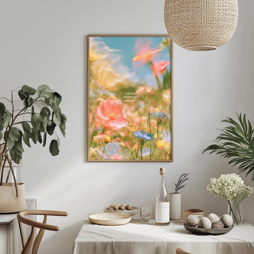 a dining table with a white tablecloth, a bowl of fruit, a bottle, and a vase with flowers. Above the table, there is a framed picture of a field of flowers with a blue sky in the background.