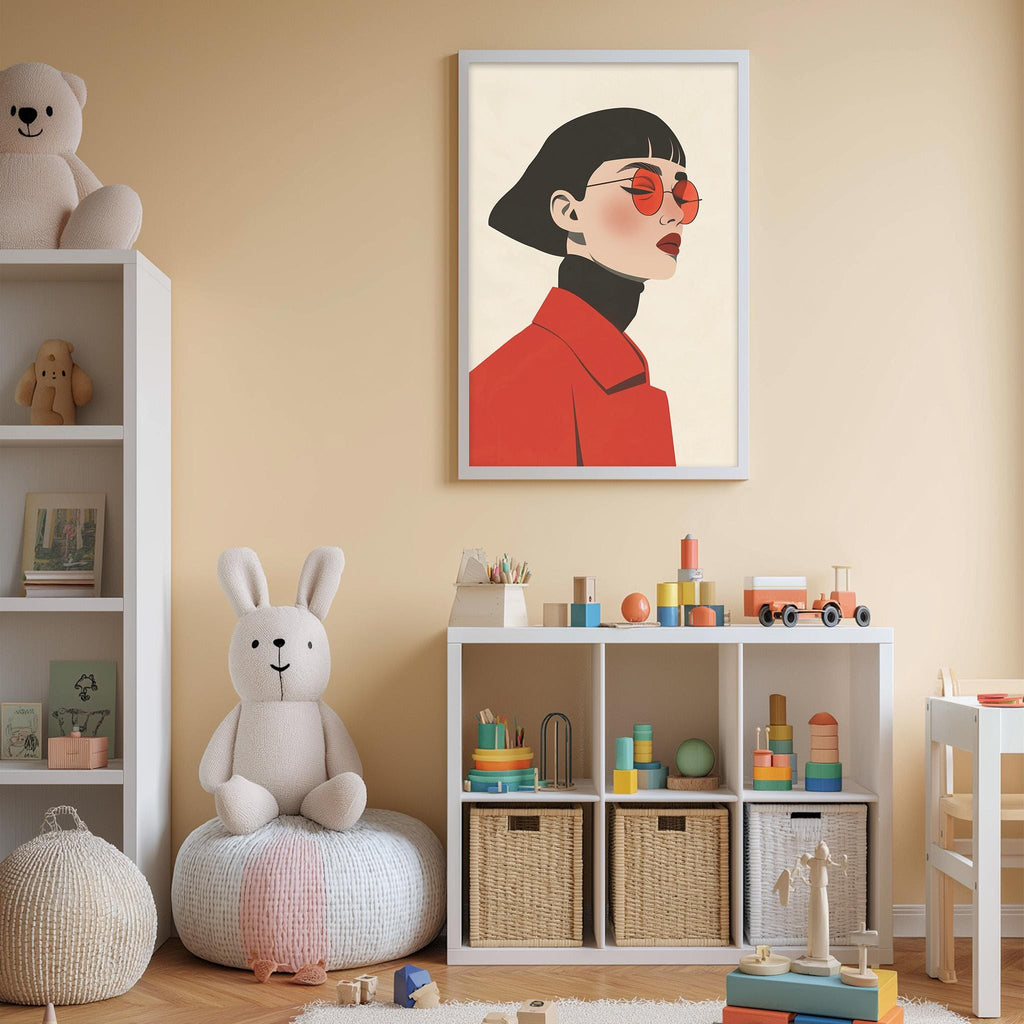 a child's bedroom with a white bookshelf, a stuffed rabbit, a framed illustration of a woman wearing sunglasses, and a toy train set.