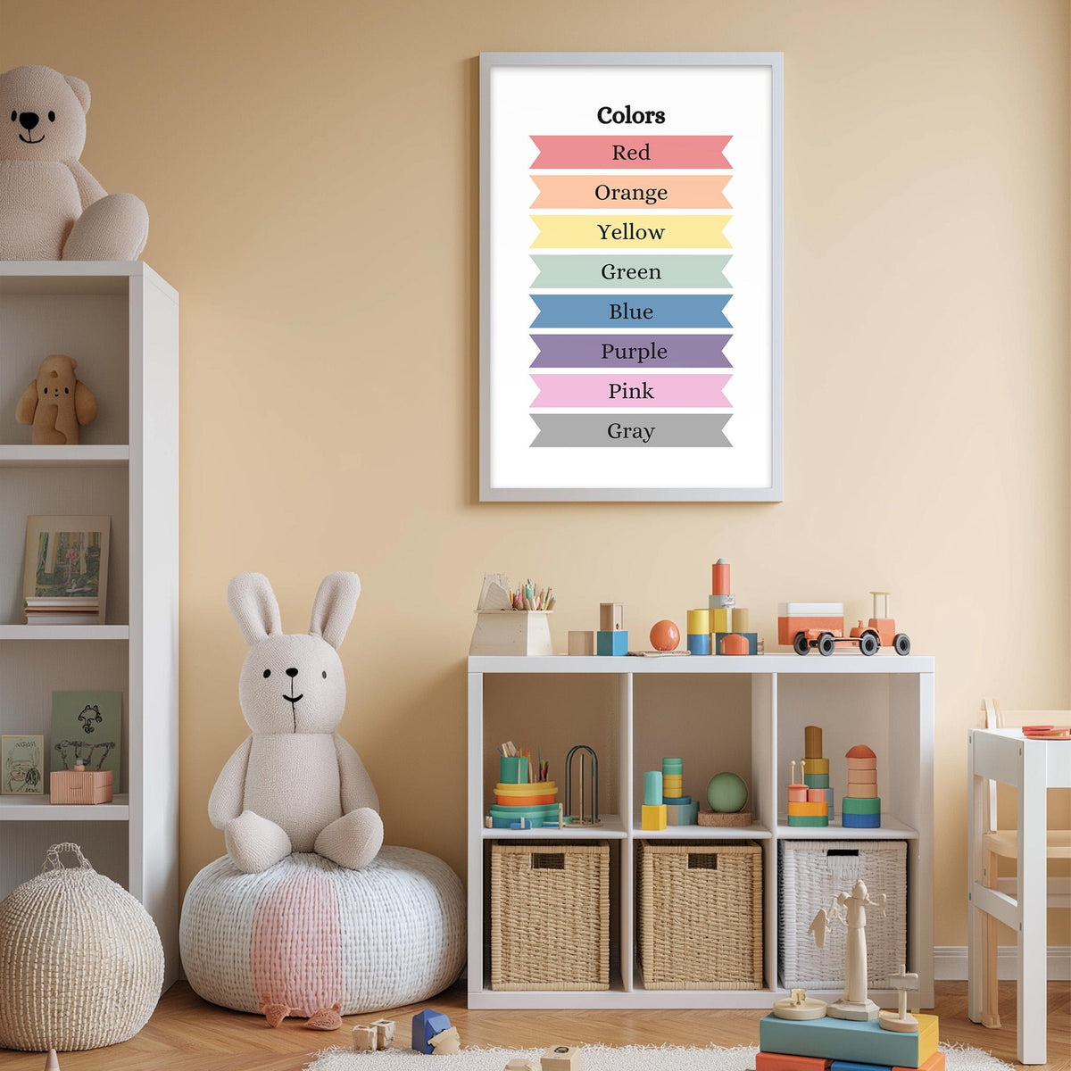 A child's bedroom with a white bookshelf, a stuffed rabbit, and a colorful poster on the wall. The poster displays the colors of the rainbow in a playful manner.