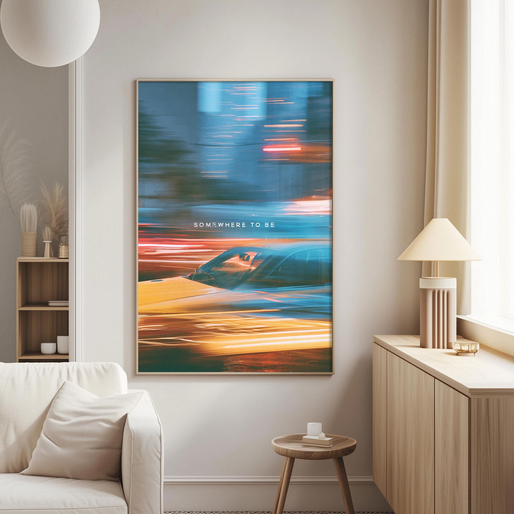 a large, colorful painting of a car in motion, hanging on a wall in a living room.