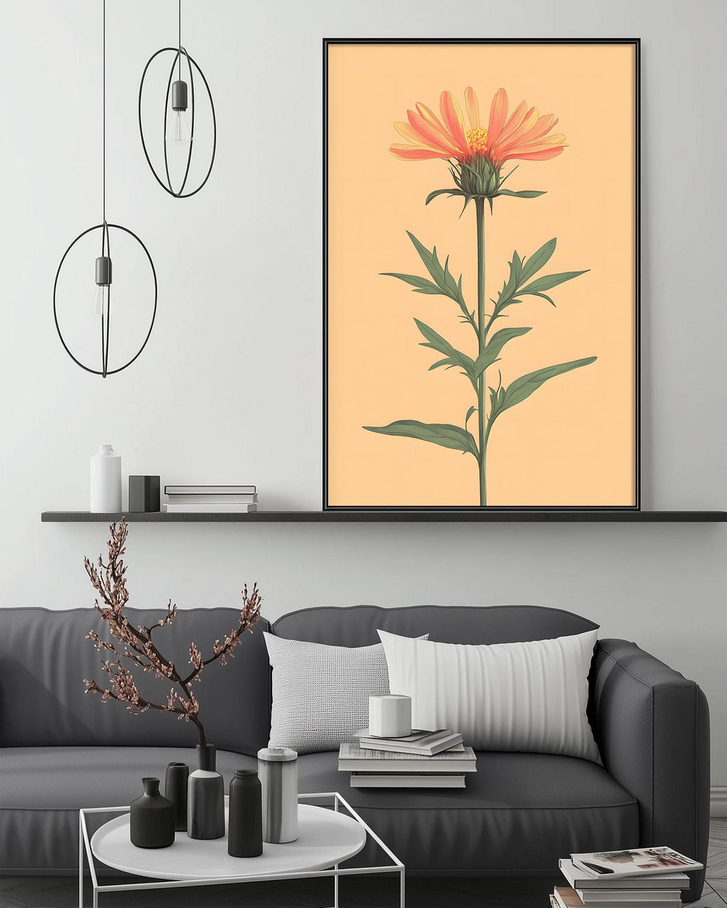 a modern living room with a gray sofa, a coffee table, and a large framed print of a flower on the wall.