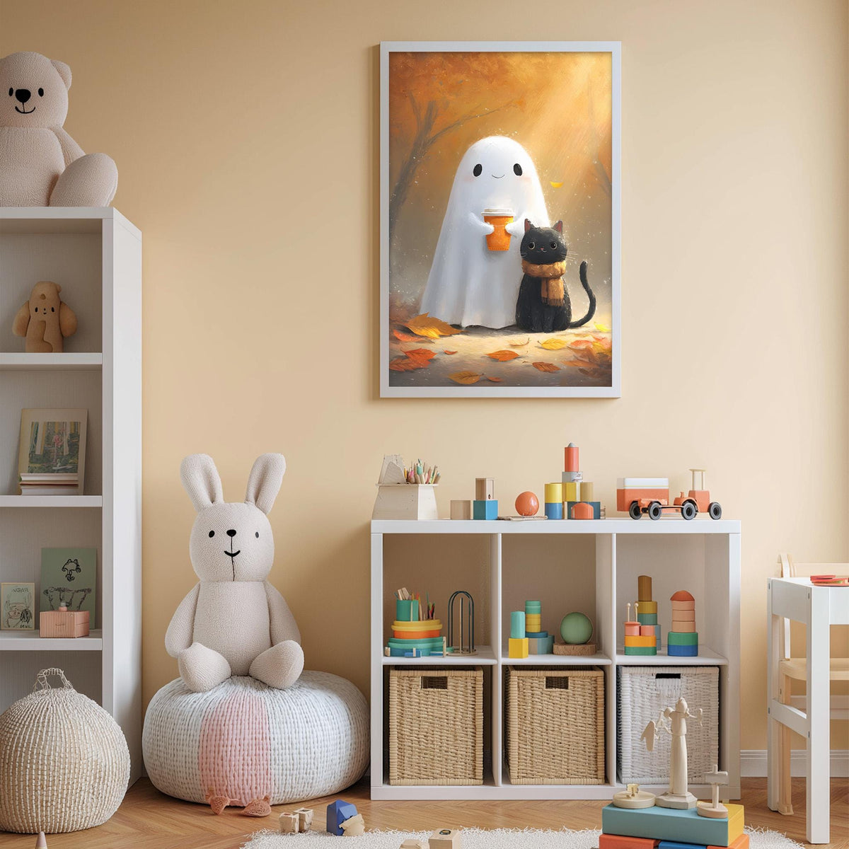 a cozy and playful children's room, featuring a white bookshelf, a plush bunny, a stuffed cat, and a framed illustration of a ghost and a bunny.