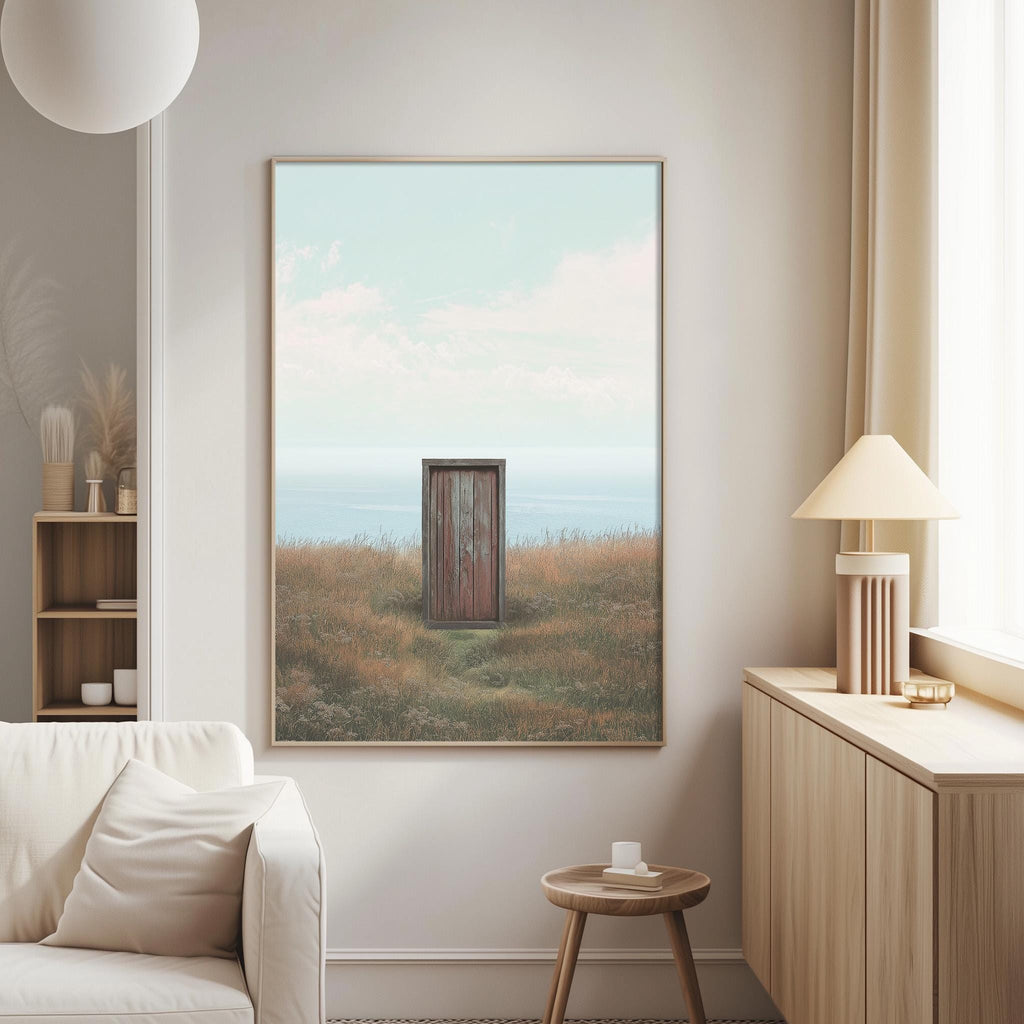 a serene living room with a large window overlooking a grassy field. A wooden door is situated in the middle of the field, adding a rustic touch to the scene. The room is furnished with a white sofa and a wooden side table, creating a cozy and inviting atmosphere.