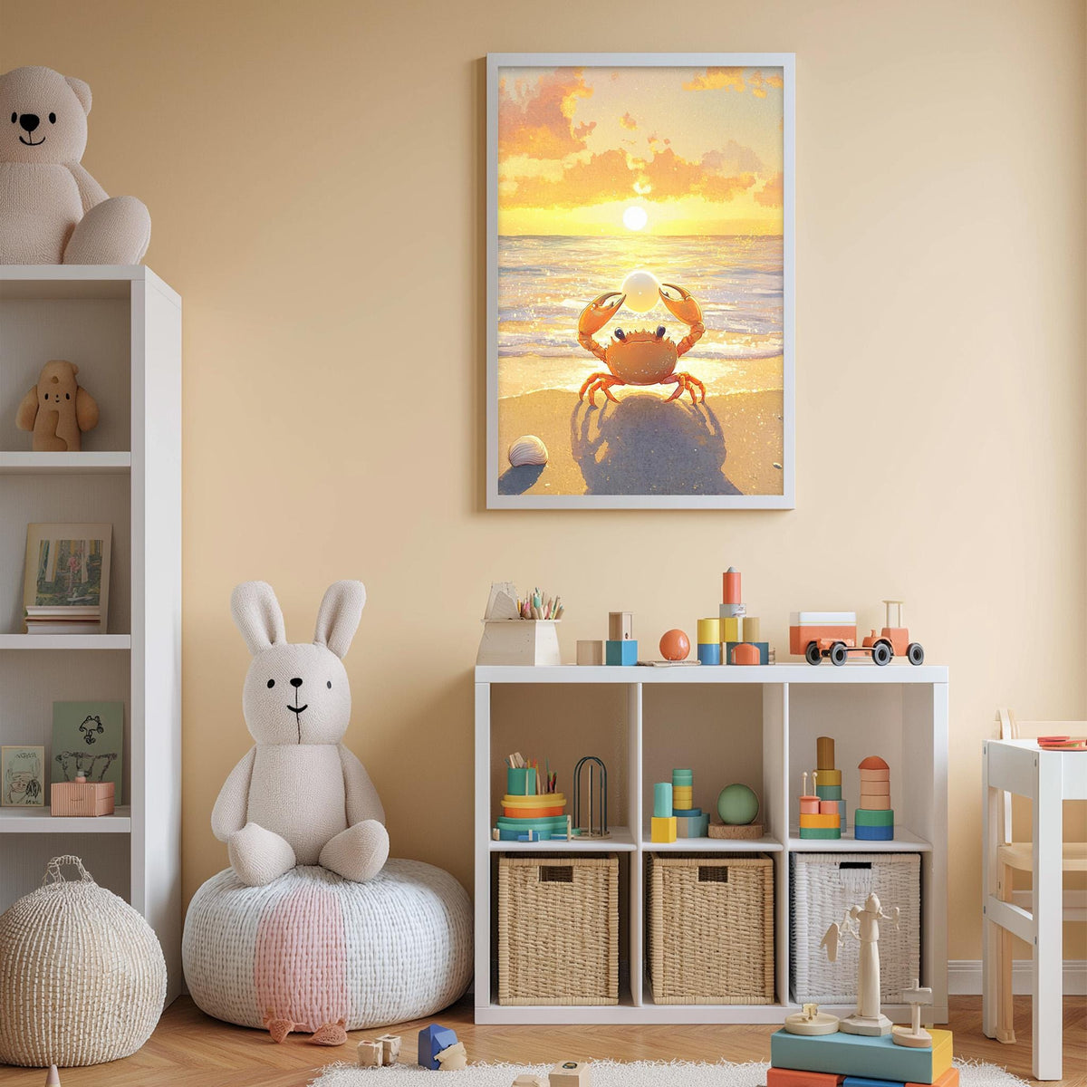 A child's bedroom with a large stuffed rabbit, a toy shelf with various toys, and a framed picture of a crab on the wall.