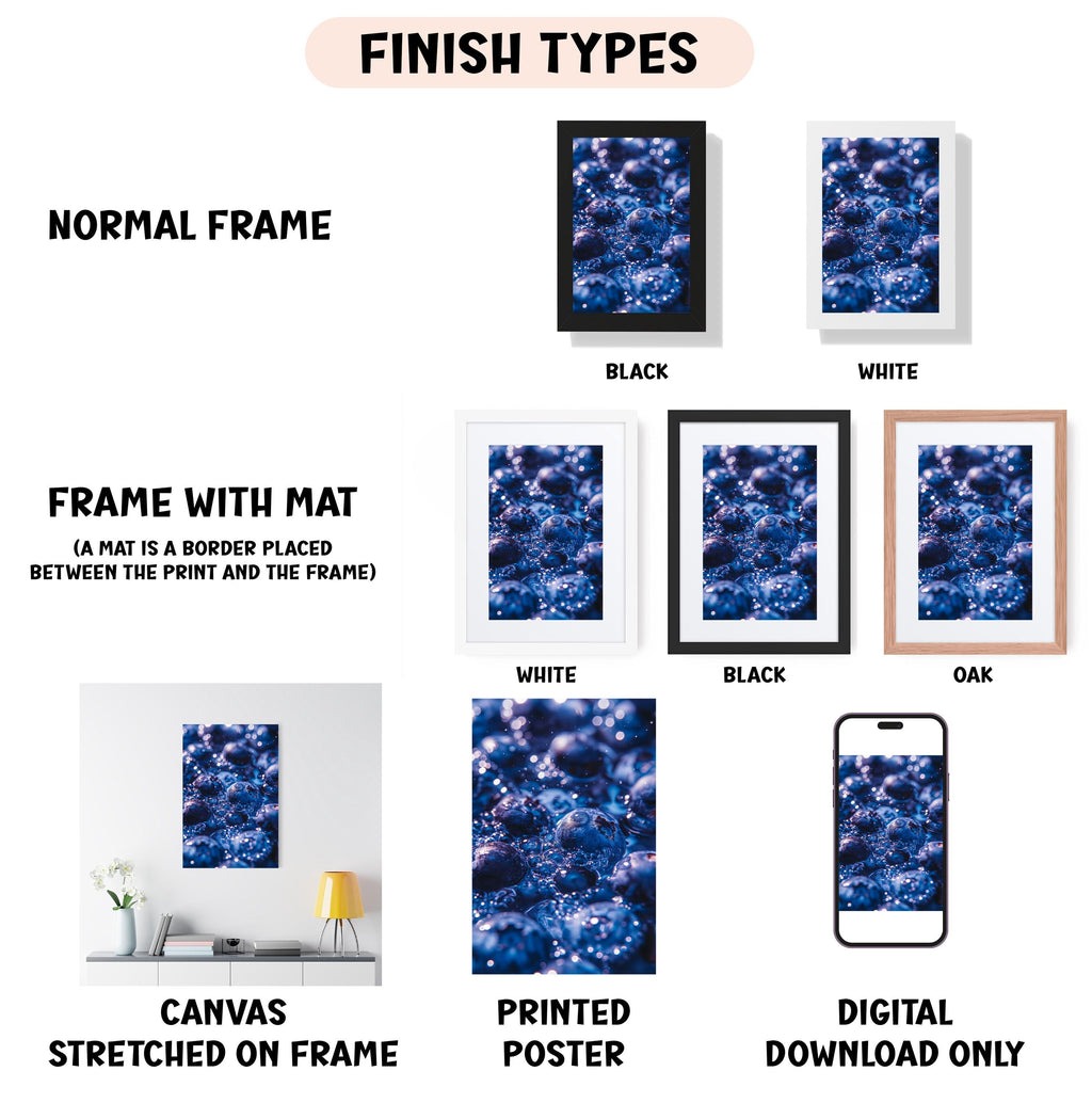 various types of artwork, including a canvas stretched on a frame, a framed photograph, and a digital poster. The artwork is presented in different frame colors and styles, such as a normal frame, a black frame, a white frame, and an oak frame. The artwork is described as a canvas stretched on a frame, a framed photograph, and a digital poster, with each type of artwork having its own unique characteristics and presentation.