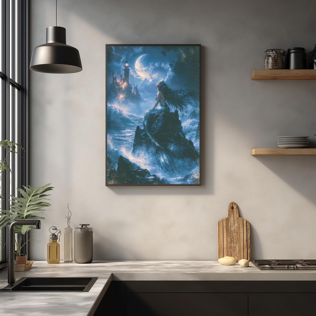 a large framed painting of a fantastical scene hanging on a wall above a kitchen counter.