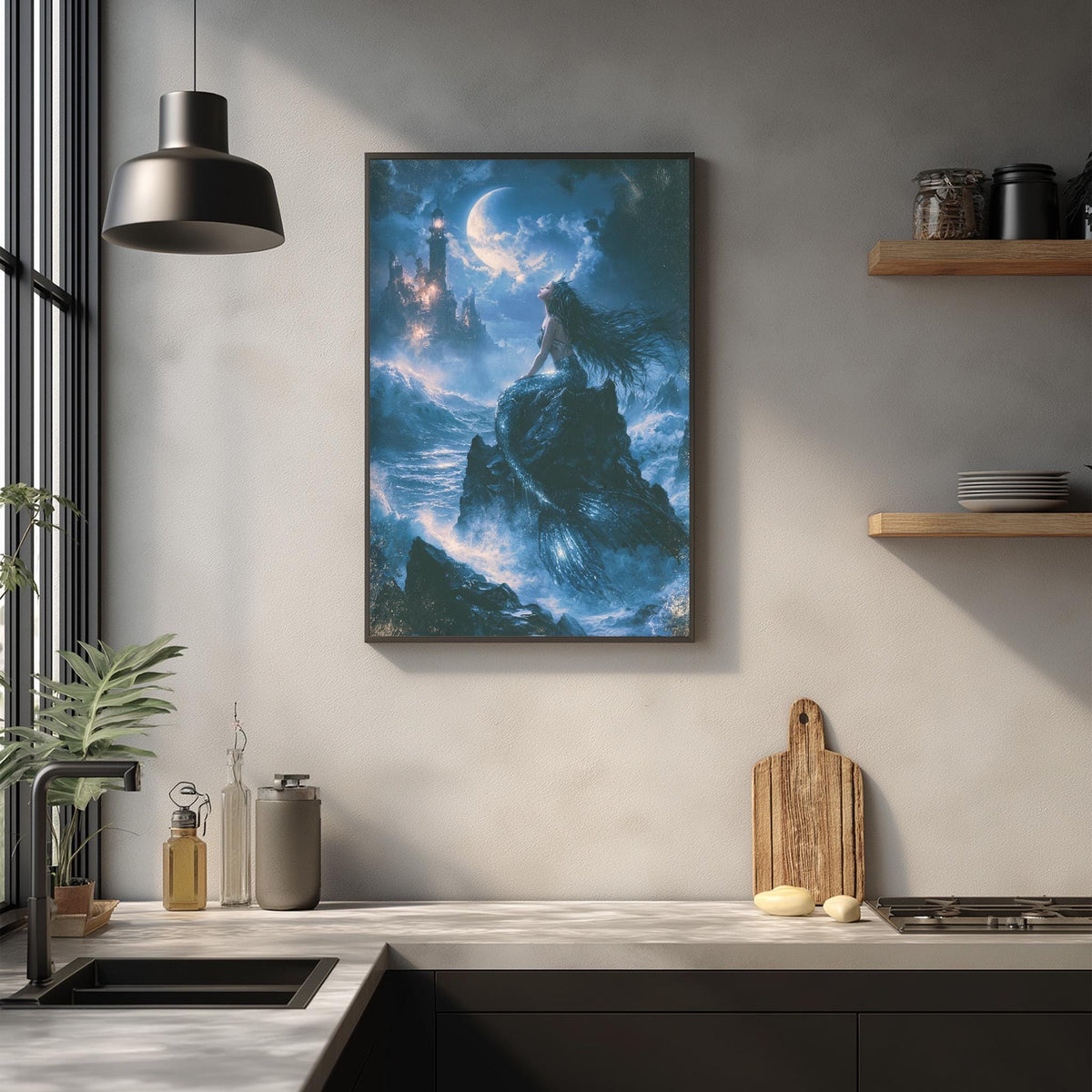 a large framed painting of a fantastical scene hanging on a wall above a kitchen counter.