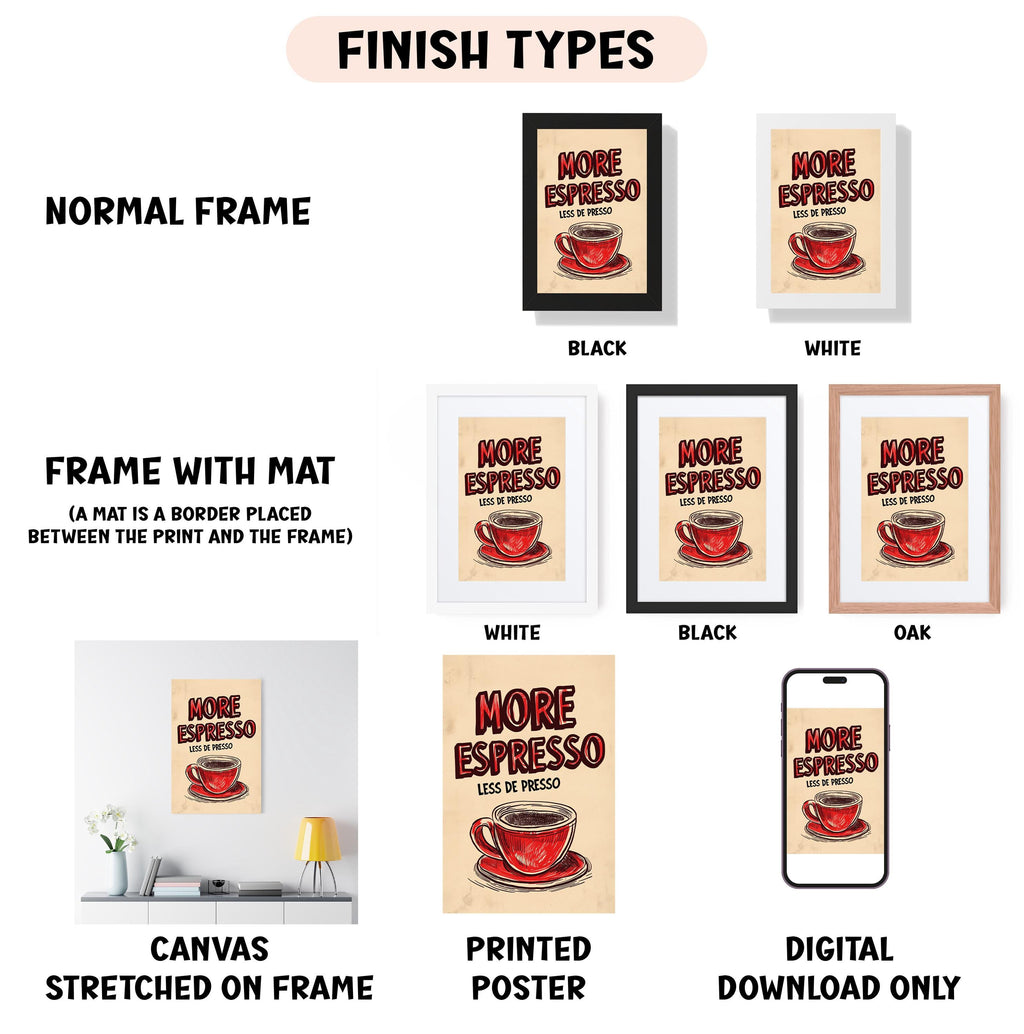 various framed artworks and a poster with the title "MORE ESPRESSO LESS THAN 500 CHARACTER". The artworks are displayed in different frame colors and styles, and the poster features a red cup with the text "MORE ESPRESSO LESS THAN 500 CHARACTER". The image also includes a canvas stretched on a frame, a printed poster, and a digital download option.