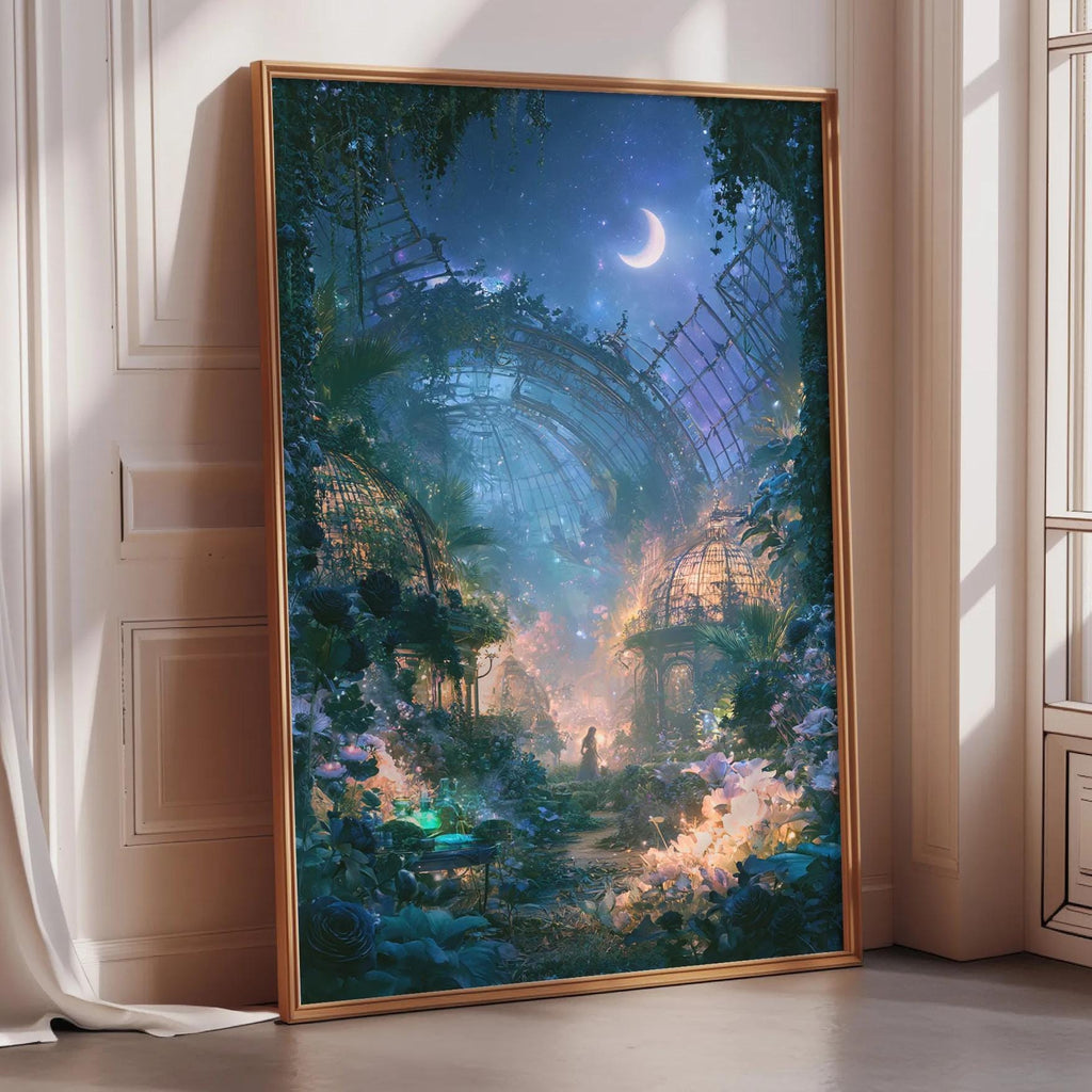 The image is a large framed painting depicting a fantastical, surreal landscape with a crescent moon, a castle, and a garden.